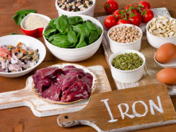 Foods high in Iron, including eggs, nuts, spinach, beans, seafoo