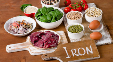 Foods high in Iron, including eggs, nuts, spinach, beans, seafoo